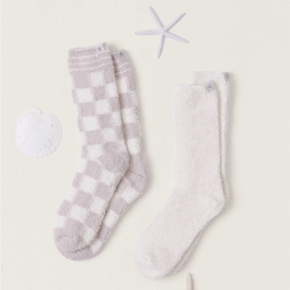 NWT Barefoot Dreams CozyChic checks &stripes 2 pack socks -stone multi